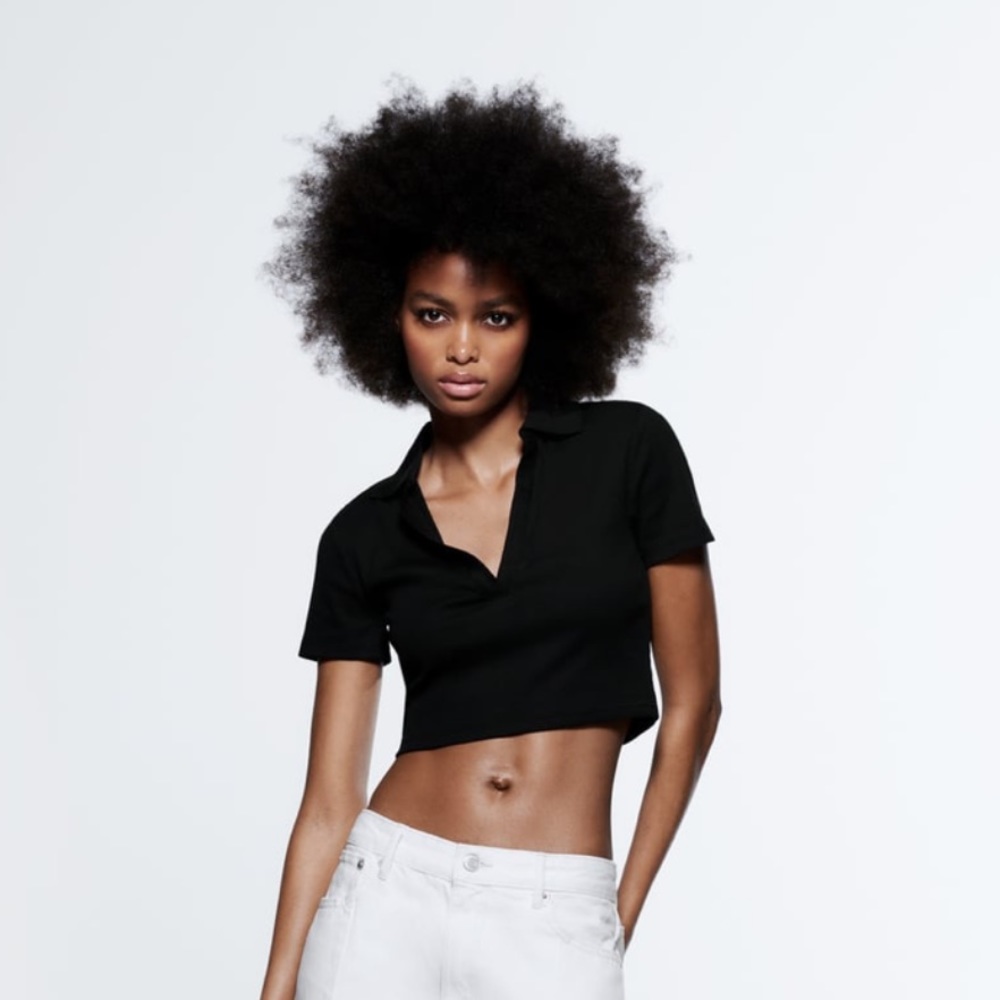 Zara Black Ribbed Polo Short Sleeved Cropped Shirt